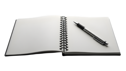 Open spiral notebook with blank pages and a black pen resting on the right page, isolated on transparent background
