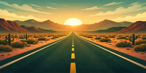Obraz premium An empty asphalt highway stretches toward the distant mountains under a dramatic sunset sky as a car continues its nature journey along the rural landscape horizon