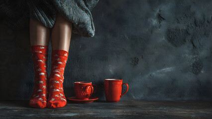 Woman`s legs with christmas socks  dark wall background. 