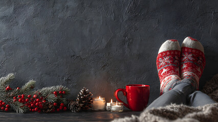 Woman`s legs with christmas socks  dark wall background. 