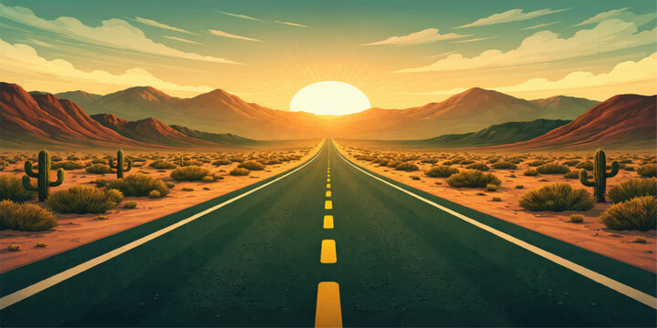 An empty asphalt highway stretches toward the distant mountains under a dramatic sunset sky as a car continues its nature journey along the rural landscape horizon