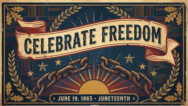 A vibrant illustration celebrating Juneteenth with a banner, broken chains, and a radiant sun