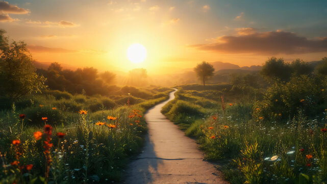 Peaceful Path Through a Sunlit Landscape Representing Life Journey and Spiritual Direction