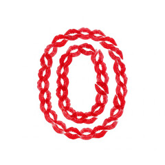symbol typography piece reveals a capital Letter "O" through clever negative space. The form emerges from the precise gaps between a cluster of vibrant red lipstick kiss marks on whiter background