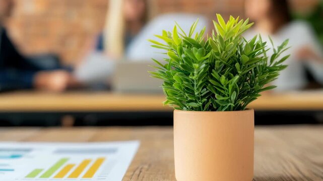 Office desk plant with green foliage in modern workspace, potted succulent on wood table, indoor corporate meeting blurred in background