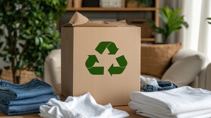 Cardboard box with recycling symbol on an elegant table, surrounded by gently used clothing in a sunny, cozy living room