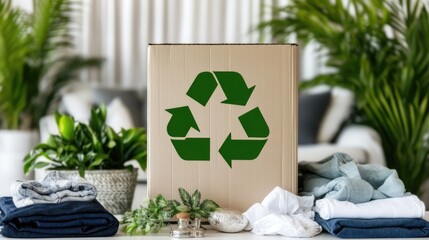 Cardboard box with recycling symbol on an elegant table, surrounded by gently used clothing in a sunny, cozy living room