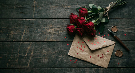 A bouquet of dark red roses lies next to a kraft paper envelope with heart confetti and wax seals on a rustic dark wood surface.
