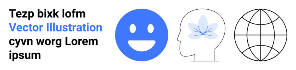 Fototapeta premium Communication, health awareness, environment, digital connectivity, global impact, positivity. A smiling face, human head with a leaf symbol and a globe icon. Communication and health awareness