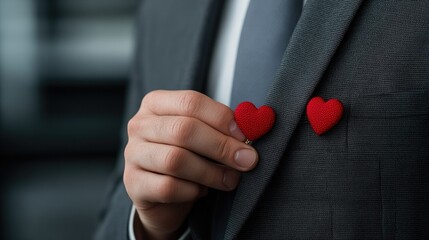 Close-up of businessman placing a red heart symbol in his pocket while at the office, highlighting feelings associated with Valentine's Day