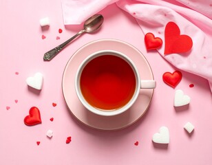 Hot tea Valentine flat lay, heart sugar cubes, cozy atmosphere