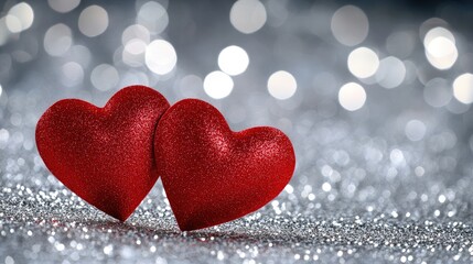 Two vibrant red paper hearts rest on a wooden table, set against a sparkling silver bokeh background, creating a romantic atmosphere