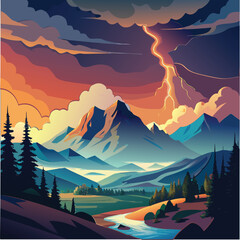 Mountain landscape illustration with dramatic lighting and a lightning storm