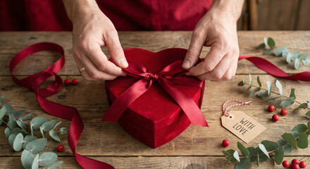 A close-up view of hands tying a satin red ribbon onto a velvet heart-shaped gift box on a rustic wooden table with decorative greenery.