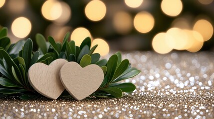 Two wooden hearts are positioned against a sparkling golden glitter background, creating a romantic atmosphere for Valentine's Day messages