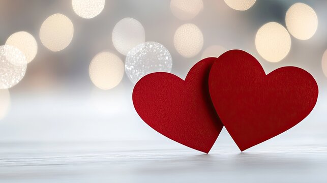 Two vibrant red paper hearts rest on a wooden table, set against a sparkling silver bokeh background, creating a romantic atmosphere - Powered by Adobe