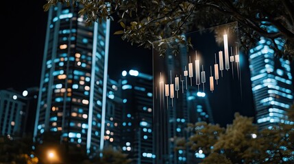 A captivating representation of financial growth, highlighting a stock market graph over a shimmering city backdrop at night
