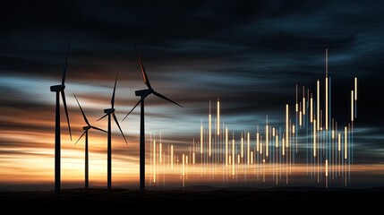 A blend of stock market growth indicators and solar-powered wind turbines showcases the shift to sustainable energy during dawn