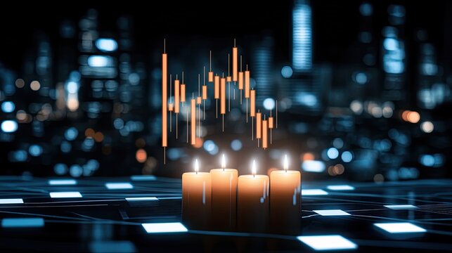 A captivating representation of financial growth, highlighting a stock market graph over a shimmering city backdrop at night - Powered by Adobe