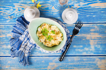 Scrambled eggs with onion.