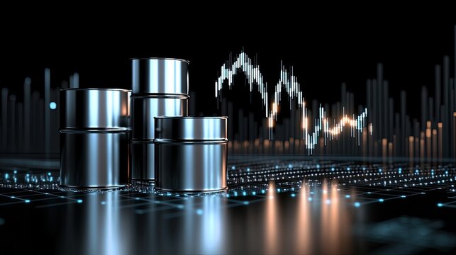 Oil barrels stand out against a stock market graph, showing the connection between oil prices and market trends - Powered by Adobe