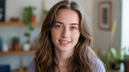 Obraz premium Young woman with freckles and green eyes smiling gently in a cozy indoor setting