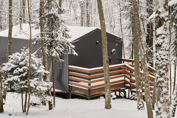 Colorful Cabin With Safety Gear, Protective Shelter Amid Trees With Emergency Symbols And Branding