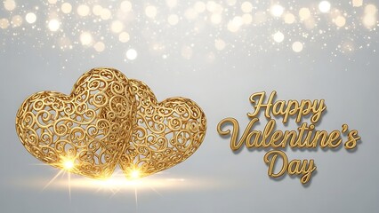 Elegant golden filigree hearts shine brightly beside luxurious scripted lettering wishing happy valentine's day