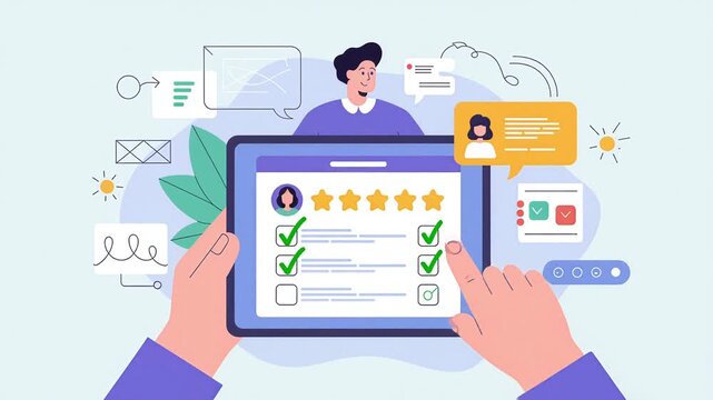 customer's hands filling out online survey on tablet, vector illustration for customer feedback, user experience review and service rating