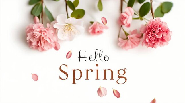 Beautiful spring blooming flowers with falling pink petals isolated on a white background. Animated card with hello spring text message