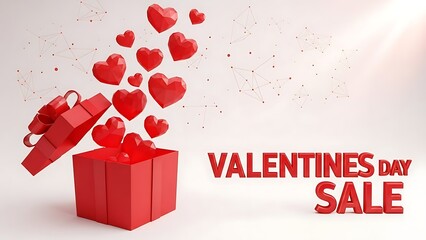 Red gift box releasing numerous low poly hearts signaling a major valentines day sale promotion