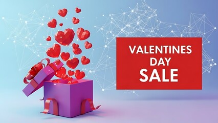 Open gift box overflowing with low poly red hearts announcing a special valentines day sale promotion