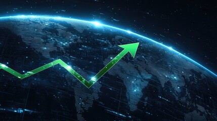 illustration shows a detailed stock market graph with an upward arrow, symbolizing financial growth against a blue backdrop