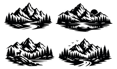 Graphic mountain landscape set featuring diverse natural scenes with pine forests, rivers, lakes and a deer for outdoor adventure designs