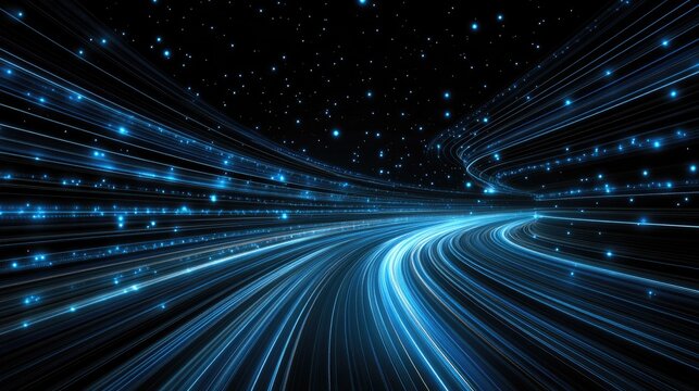 Glowing blue lines and numbers stretch across a dark background, creating an immersive digital technology atmosphere - Powered by Adobe