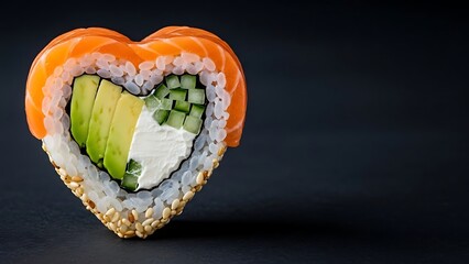 Delicious heart shaped sushi roll featuring salmon avocado and cream cheese presentation