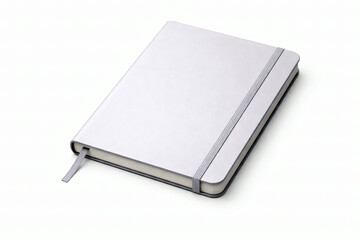 Silver notebook with elastic band and ribbon bookmark on white journal diary