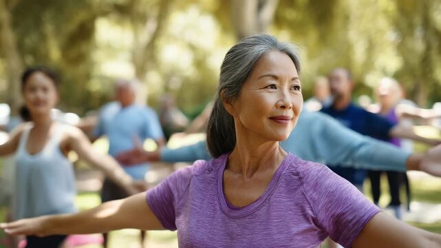 Multiracial seniors exercising outdoors. Active lifestyle, group fitness, wellness concept. Older adults doing stretching in park. Healthy aging, community support. Peaceful outdoor activity.