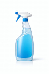 Clear plastic spray bottle with blue liquid and white blue trigger cleaning