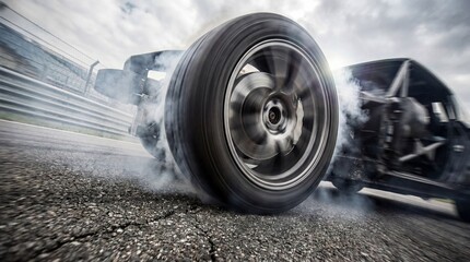 Close up of a drifting car wheel spinning fast and creating smoke on asphalt. Dynamic racing action shot with motion blur. Perfect for automotive sports concepts. © Yauhen