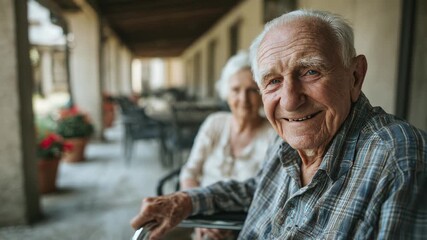 Senior man in wheelchair, thoughtful expression, with elderly woman blurred in background. Peaceful retirement home scene, showing companionship and aging.