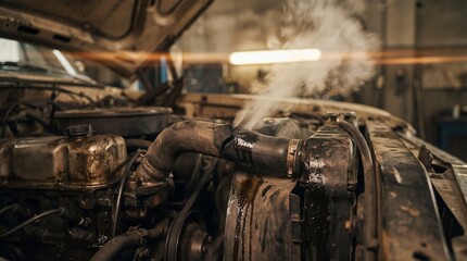 Close-up of a broken car radiator hose spraying steam in a mechanic shop. The overheating engine requires repair, illustrating vehicle breakdown and maintenance problems.