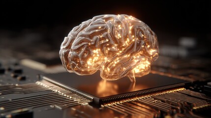 luminous brain model resting on a microchip circuit board