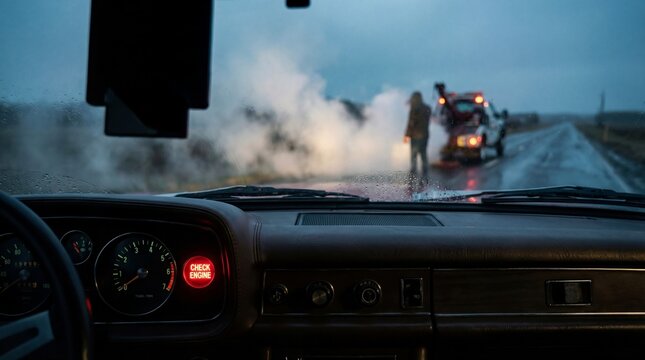 View from driver seat showing illuminated check engine light. Steam rises from hood while tow truck arrives on wet road. Concept of car trouble and roadside assistance.