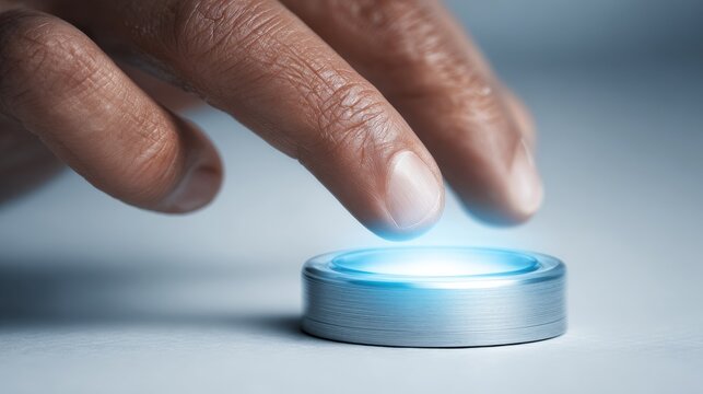 a businessmans hand pressing a luminous button to initiate cuttingedge technology advancements in 2026 - Powered by Adobe