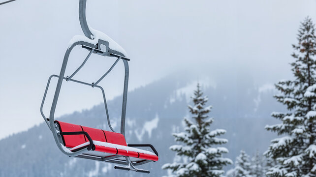 Empty ski lift chair on snowy mountain in winter landscape  