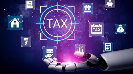 Futuristic Robotic Hand Holding Digital Tax Symbols with User Interface Elements for Innovative Financial Concepts and Technology in Modern Taxation Gluon.