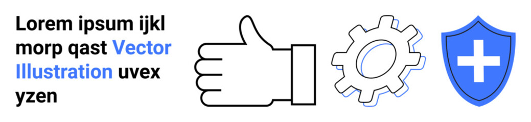 Obraz premium Safety, teamwork, healthcare, functionality, innovation, protection. Hand with thumbs up, gear shield with cross. Safety and teamwork concept conveying support and collaboration