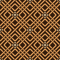 Elegant seamless pattern with interwoven rounded squares and floral accents in warm brown and golden tones. Luxury geometric background for textiles, wallpaper, and packaging