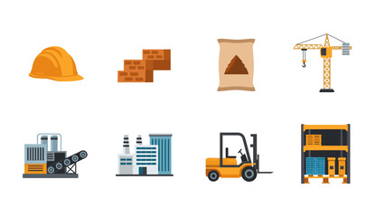 A set of construction icons including a hard hat, bricks, cement, crane, concrete mixer, building, forklift, and scaffolding in a flat, minimal design style.